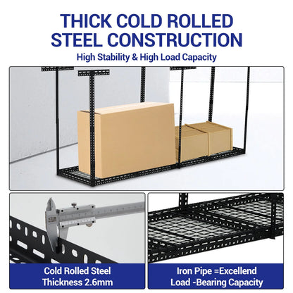 Overhead Garage Storage Rack - Heavy Duty 300kg Capacity, Adjustable 56-100cm Height, 180x120cm Black Steel Shelving with Hooks for Garage Organization