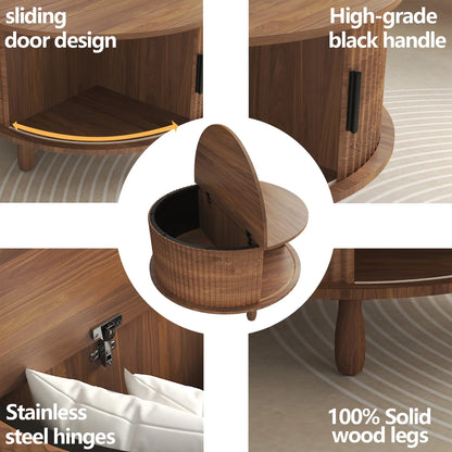RUMLIVE Round Coffee Table with Storage, 30.7" Modern Coffee Table with 360�� Curved Sliding Door, Fluted Wood Coffee Table with Footpads, Round Center Table for Living Room, Black
