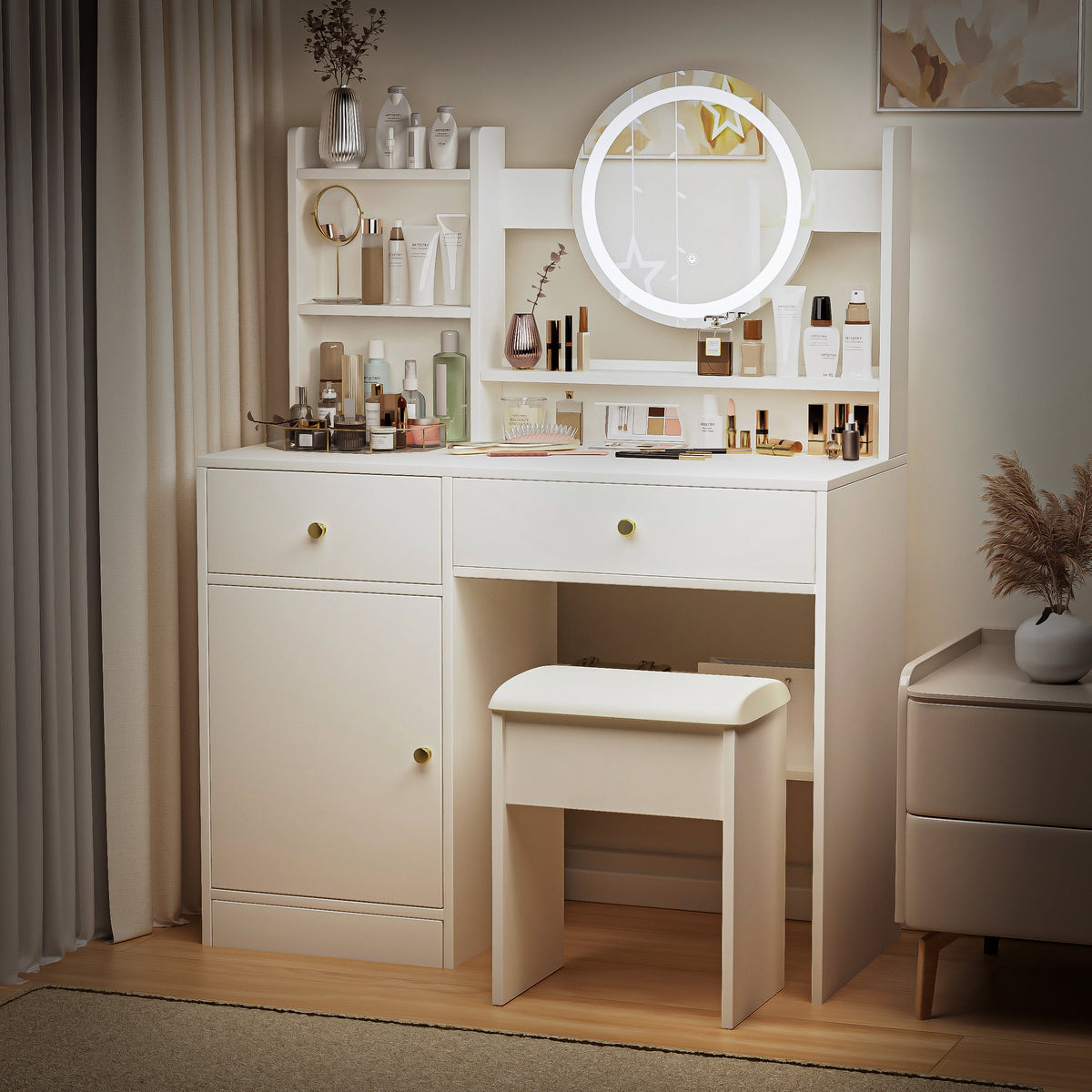 Montary Modern Mini Vanity w/Adjustable LED Mirror + Hidden Storage, Padded Stool & Dustproof Shelves (White)