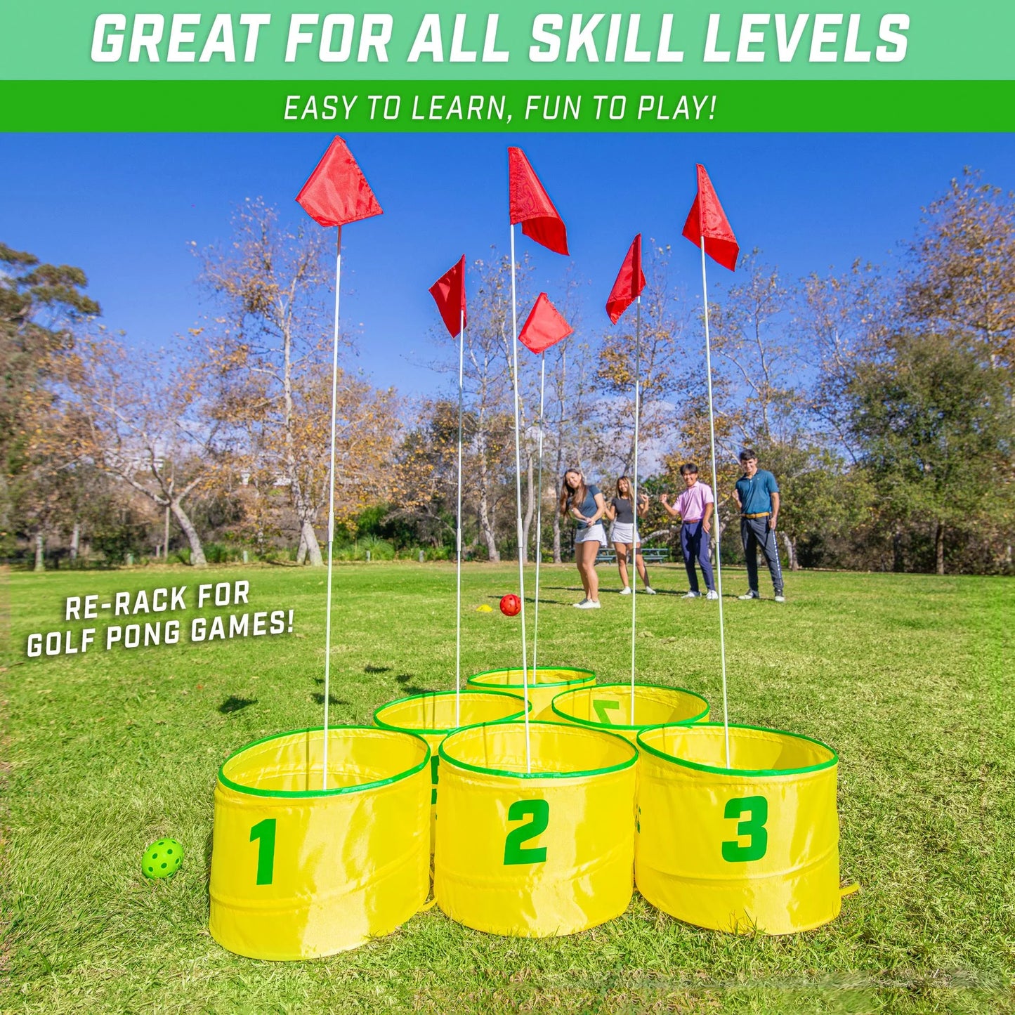 GoSports Yard Links Golf Game with 6 Buckets,  Backyard Practice Golfer Game, Tee Markers and 6 Balls
