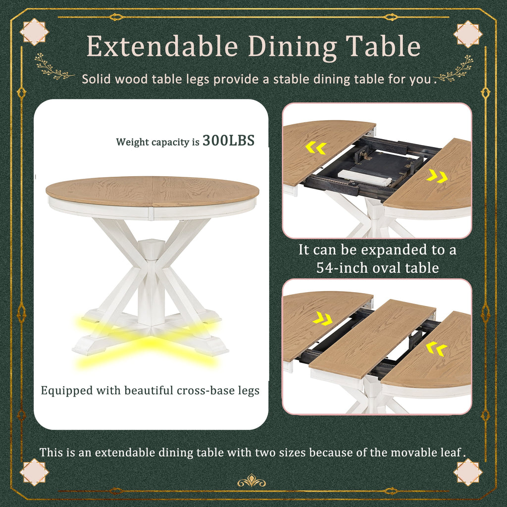 Harper & Bright Designs Round Extendable Dining Table Set for 4, 5 Piece Farmhouse Wood Dining Table Set with 4 Upholstered Dining Chairs, Natural Wood Wash