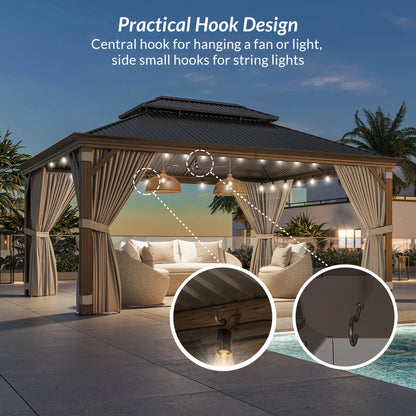 BELLEZE 12 x 16ft Hardtop Gazebo, Widen Pole Outdoor Canopy, Aluminium Frame Galvanized Steel Double Roof Waterproof Gazebo Tent with Nettings and Curtains for Patio, Backyard, Deck, Lawns, Garden