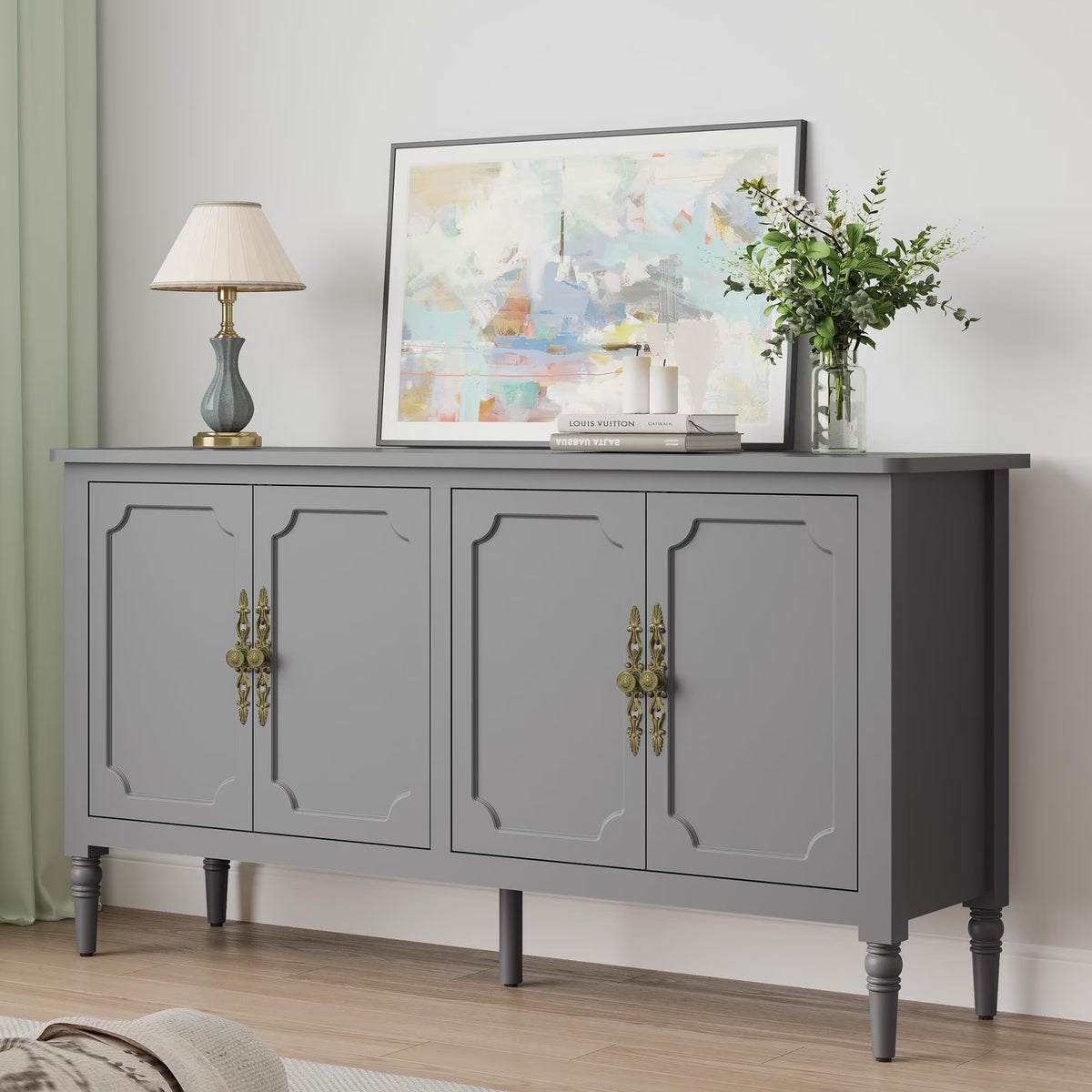 May in Color Console Cabinet, 58'' Wood Sideboard Buffet Cabinet with Storage & 4 Doors, Mid Century Modern Pantry Cabinet for Entryway, Living Room, Bedroom, Dining Room, Green