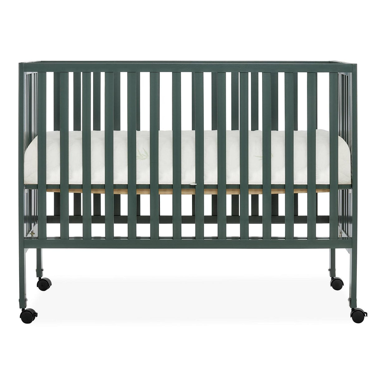 Dream On Me Quinn Full-Size Folding Crib. Removable Wheels. Modern Nursey. Adjustable Mattress Support. Patent Folding System in Olive