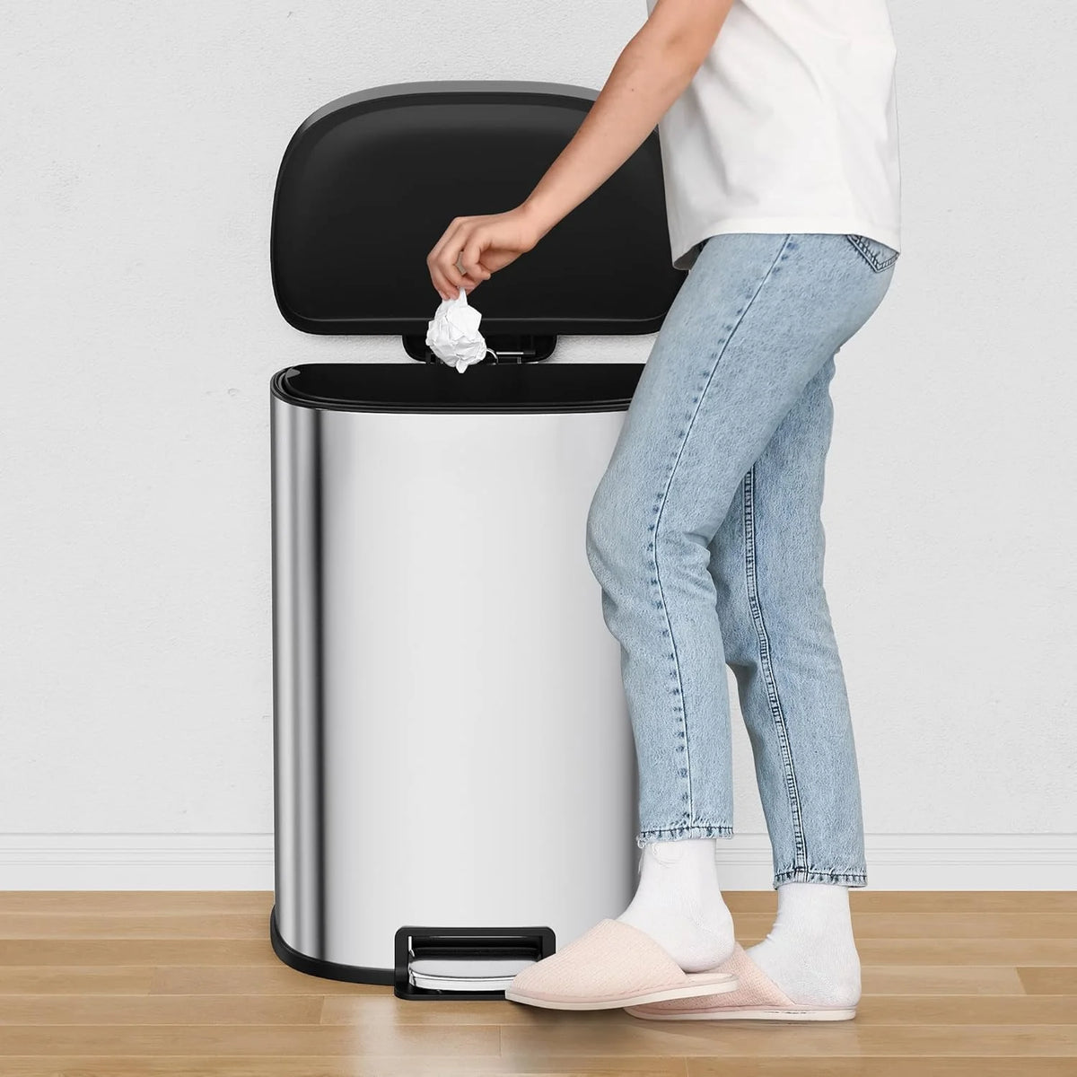 Garvee 13.2 Gal D-Shape Kitchen Trash Can with Lid, Smudge Resistant, Stainless Steel, Silver