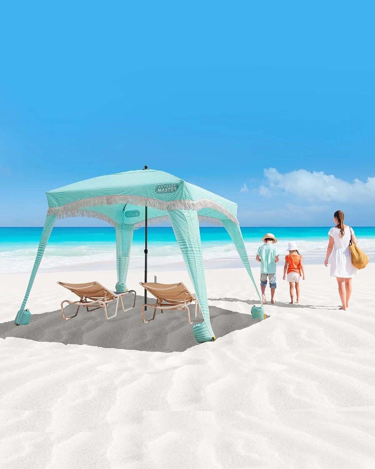 OutdoorMaster Beach Cabana with Fringe, Portable 6' x 6' Beach Canopy, Easy Set Up Beach Shelter, Included Side Wall, UPF 50+ UV Protection Sun Umbrella - for Kids, Family & Friends