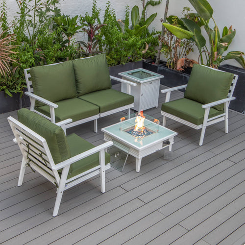 LeisureMod Walbrooke Modern Aluminum 5-Piece Patio Conversation Set with Outdoor Square Fire Pit Table with Slats Design & Side Table Tank Holder (Green)