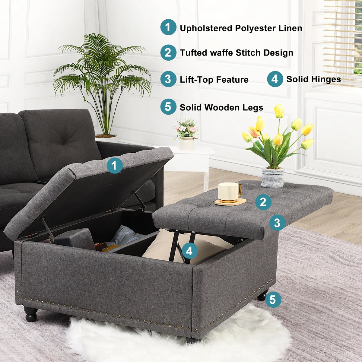 Magic Union 35" Large Square Storage Ottoman, Oversized Square Ottoman with Storage, Tufted Upholstered Ottoman Coffee Table with Lift Top for Living Room (Beige)