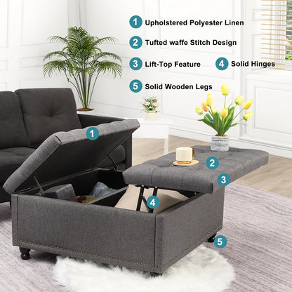 Magic Union 35" Large Square Storage Ottoman, Oversized Square Ottoman with Storage, Tufted Upholstered Ottoman Coffee Table with Lift Top for Living Room (Beige)