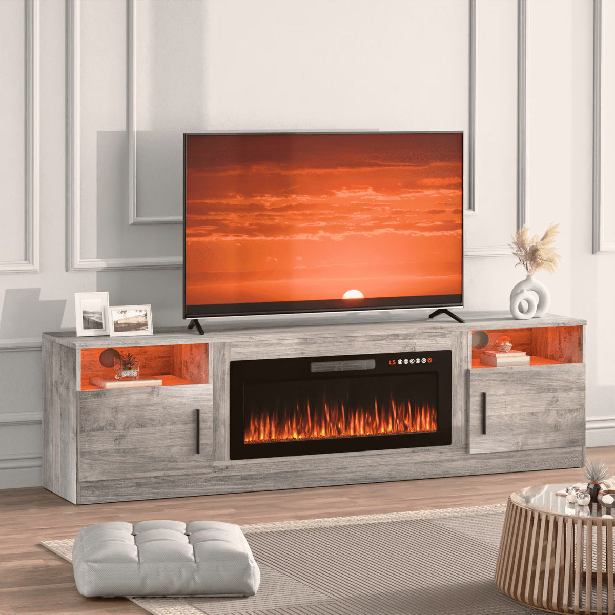 Waleaf Fireplace TV Stand with 36" Electric Fireplace Up to 80" TVs, Modern Wood Media TV Console with Highlight Cabinet, White
