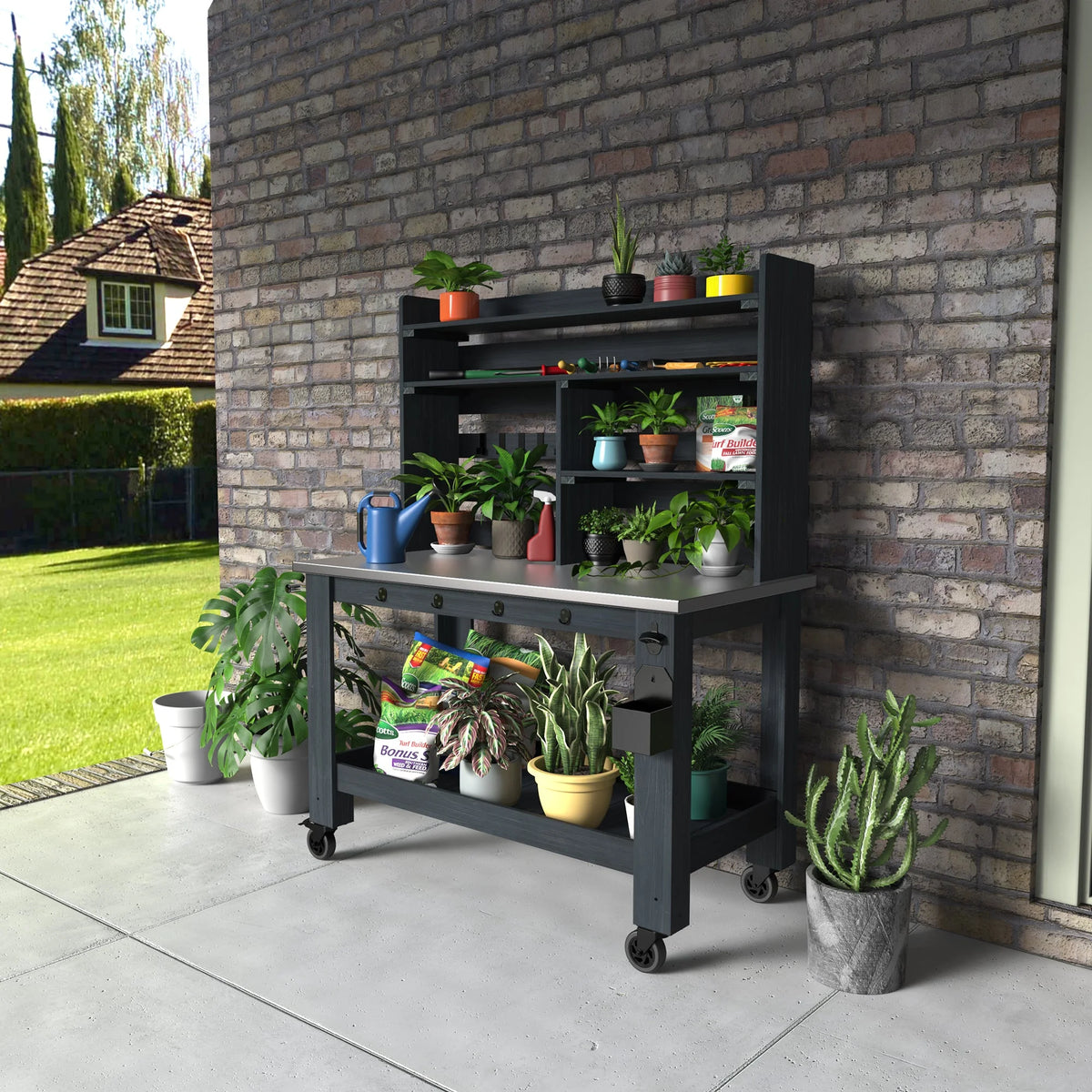 GDLF Outdoor Kitchen Island Prep Station Large Potting Bench with Stainless Steel Top