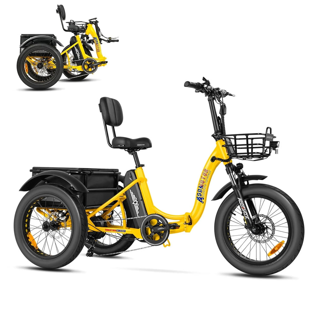 Addmotor Electric Trike, 750W Foldable Electric Tricycle, Folding Electric Trike for Adults,48V 20Ah Removable Battery,20" Fat Tire Electric Trikes with Rear Speed Differential,M-330F Yellow