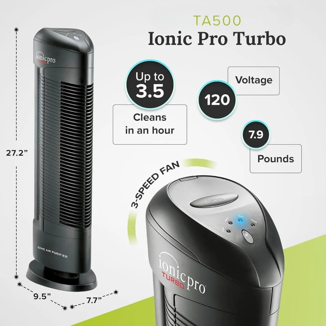Ionic Pro Turbo (TA550) Ionic Air Purifier Tower for Home, Quiet Ionic Filterless Design, Covers Up to 500 Sq. Ft., Removes Odors, Smoke, Dust, and Allergens
