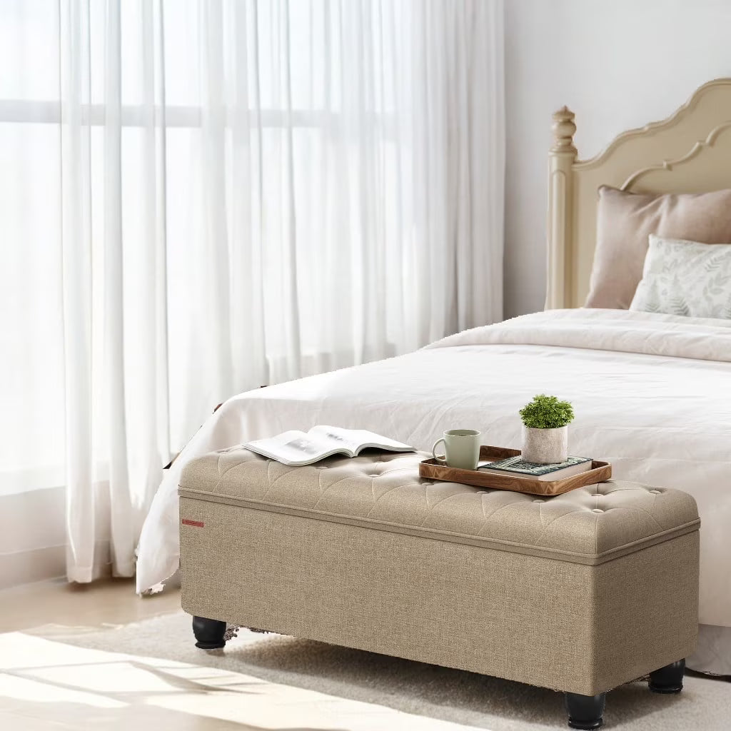 SONGMICS 46.5" Storage Ottoman Bench Storage Bench Bedroom Bench 330lb Load Capacity Solid Wood Legs Light Gray