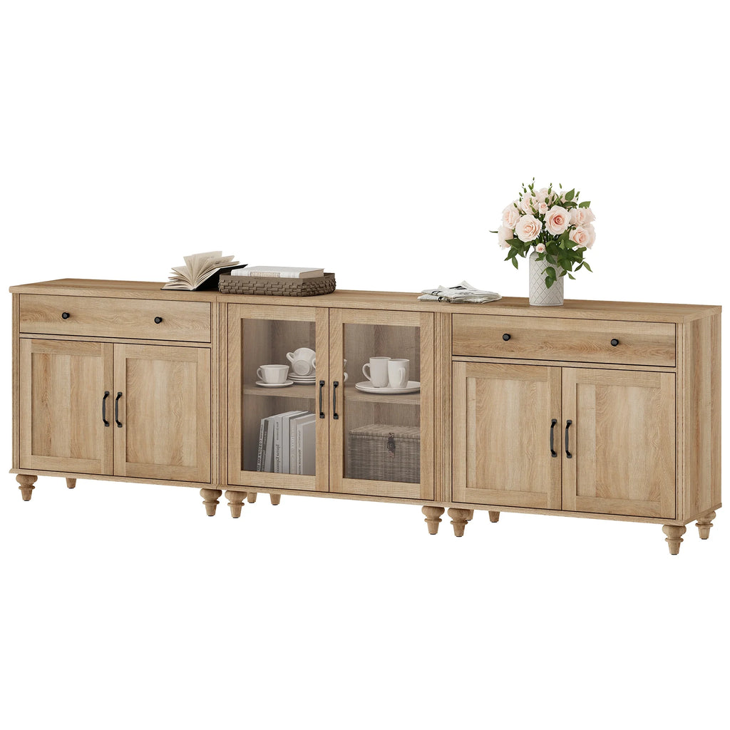 TV Stand for 100 Inch TV, 3-in-1 TV Console Table for 75/80/85/90 Inch TV, Farmhouse  Entertainment Center with Glass & Wooden Door, Kitchen Sideboard Buffet Cabinet for Dining Room, Oak