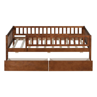 Holaki Twin Size Wood Bed with Guardrails and 2 Storage Drawers for Kids, Gray