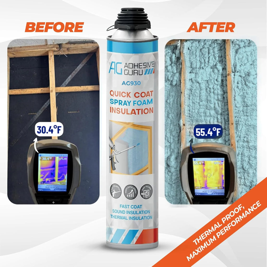 Adhesive Guru Spray Foam Insulation Kit (24 x 32.80 oz), Polyurethane Self-Expanding Spray Adhesive Foam, Closed Cell Heat Insulation and Acustic Spray with Cleaner and Dispensing Gun - 24 Pack