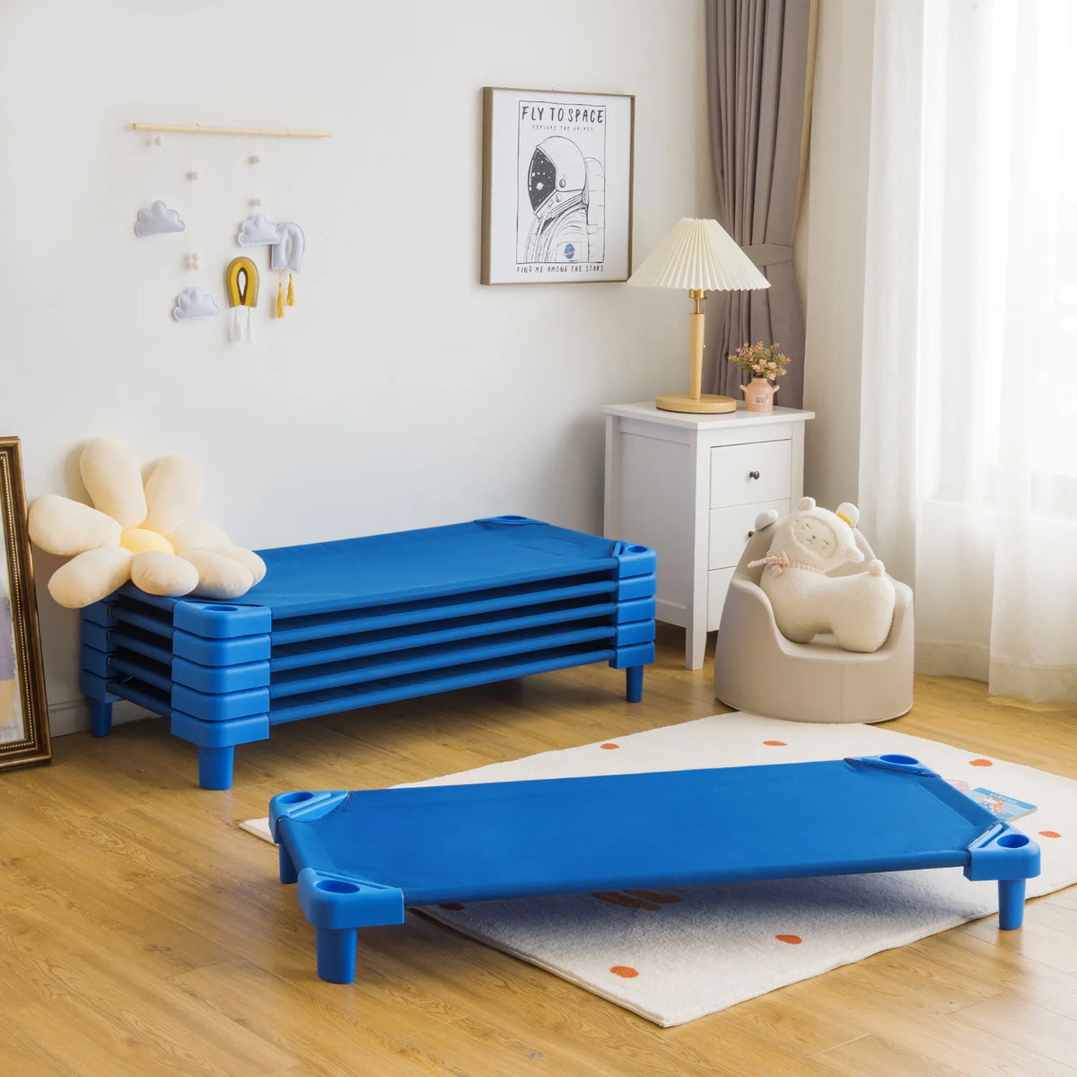 Costway Pack of 6 Kids Stackable Naptime Cot 52'' L x 23'' W Daycare Rest Mat Blue