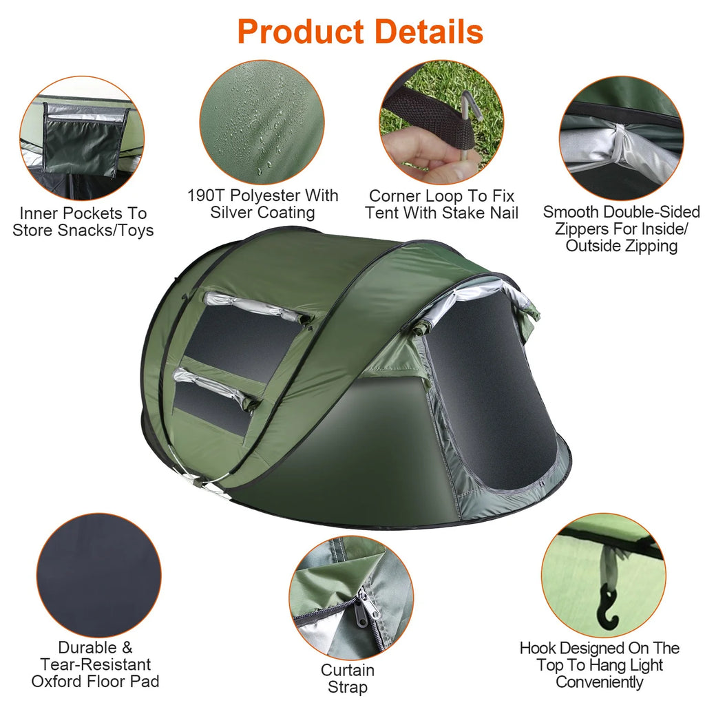 Tcbosik Easy Pop Up Tent for 5-8 Person, Automatic Setup Instant Family Tent with 2 Doors and 4 Mosquito Net Windows, Waterproof Camping Tent with Carry Bag for Hiking & Traveling, Khaki