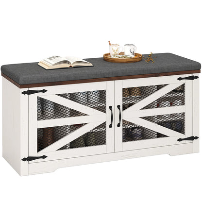 Farmhouse Storage Bench with Cushion, 31.4in Shoe Cabinet with Metal Barn Door and Half Hidden Storage Space for Entryway, Bedroom, Living Room, Old White