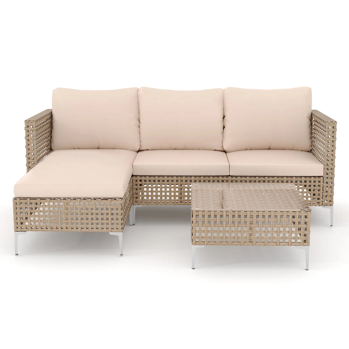 3 Piece Patio Furniture Set with Chaise Longue & Coffee Table, Outdoor Wicker Conversation Set for Patio, Porch, Backyard - All-Weather Yellow/Beige Cushions (Waterproof & Fade-Resistant)