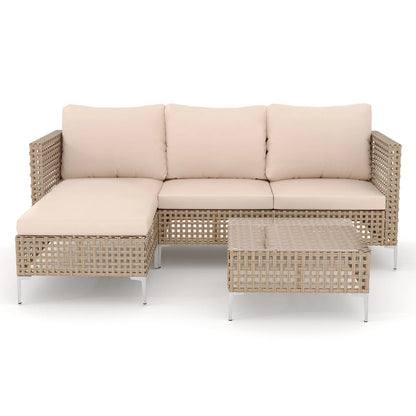 3 Piece Patio Furniture Set with Chaise Longue & Coffee Table, Outdoor Wicker Conversation Set for Patio, Porch, Backyard - All-Weather Yellow/Beige Cushions (Waterproof & Fade-Resistant)