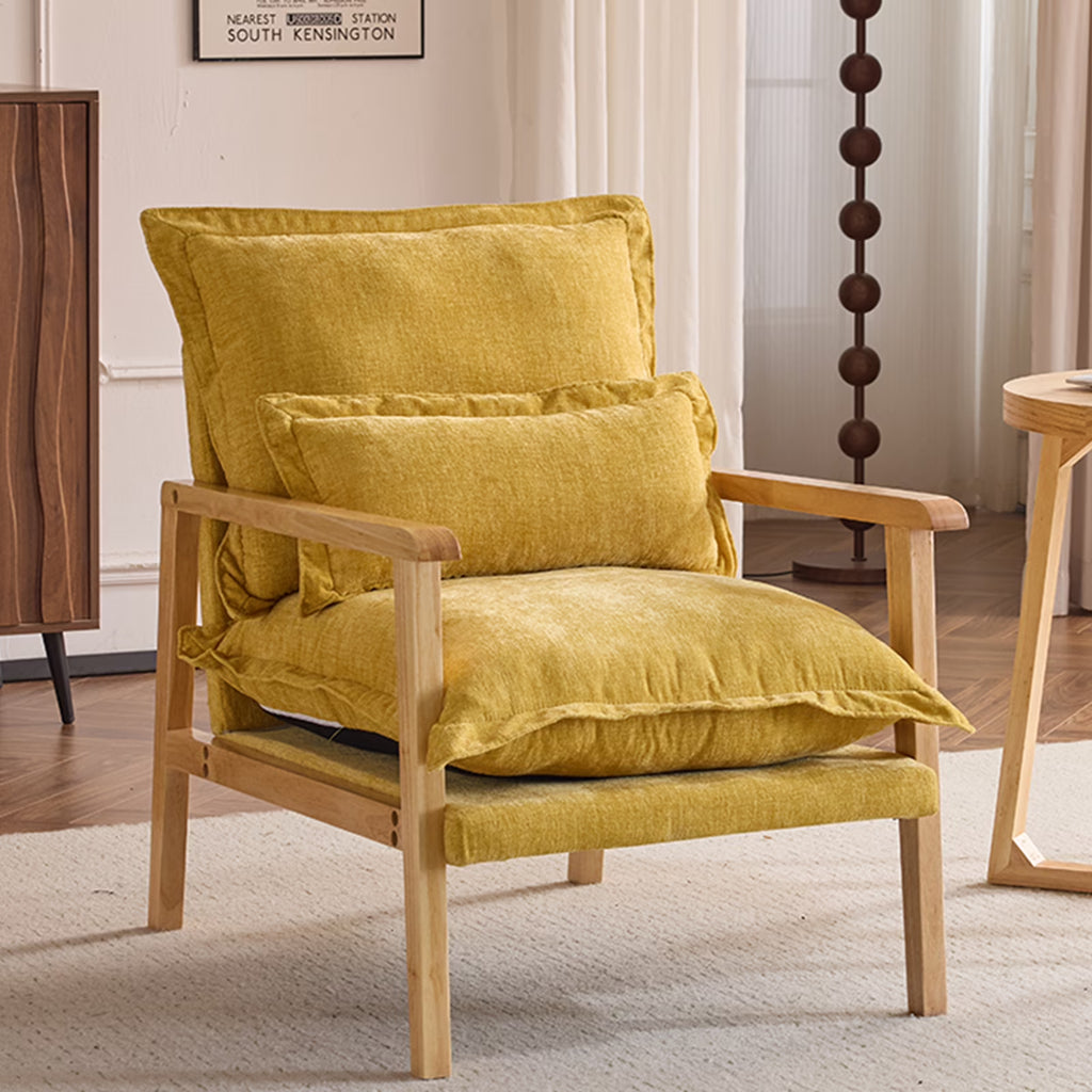Ktaxon Chenille Accent Chair, Solid Wood Armrests Armchair, Metal Frame for Stability, Single Sofa with Comfortable Cushions and Lumbar Pillow Beige