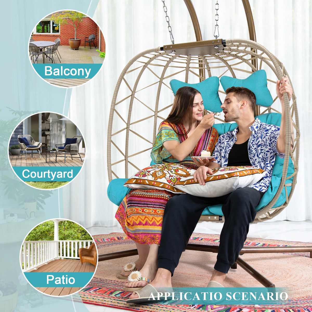 RADIATA Double Wicker Egg Swing Chair with Stand, 2-Person Hanging Egg Chair for Indoor/Outdoor, 700lbs Capacity, Thick Cushions & Headrest,Sturdy Metal Frame��Dark Gray