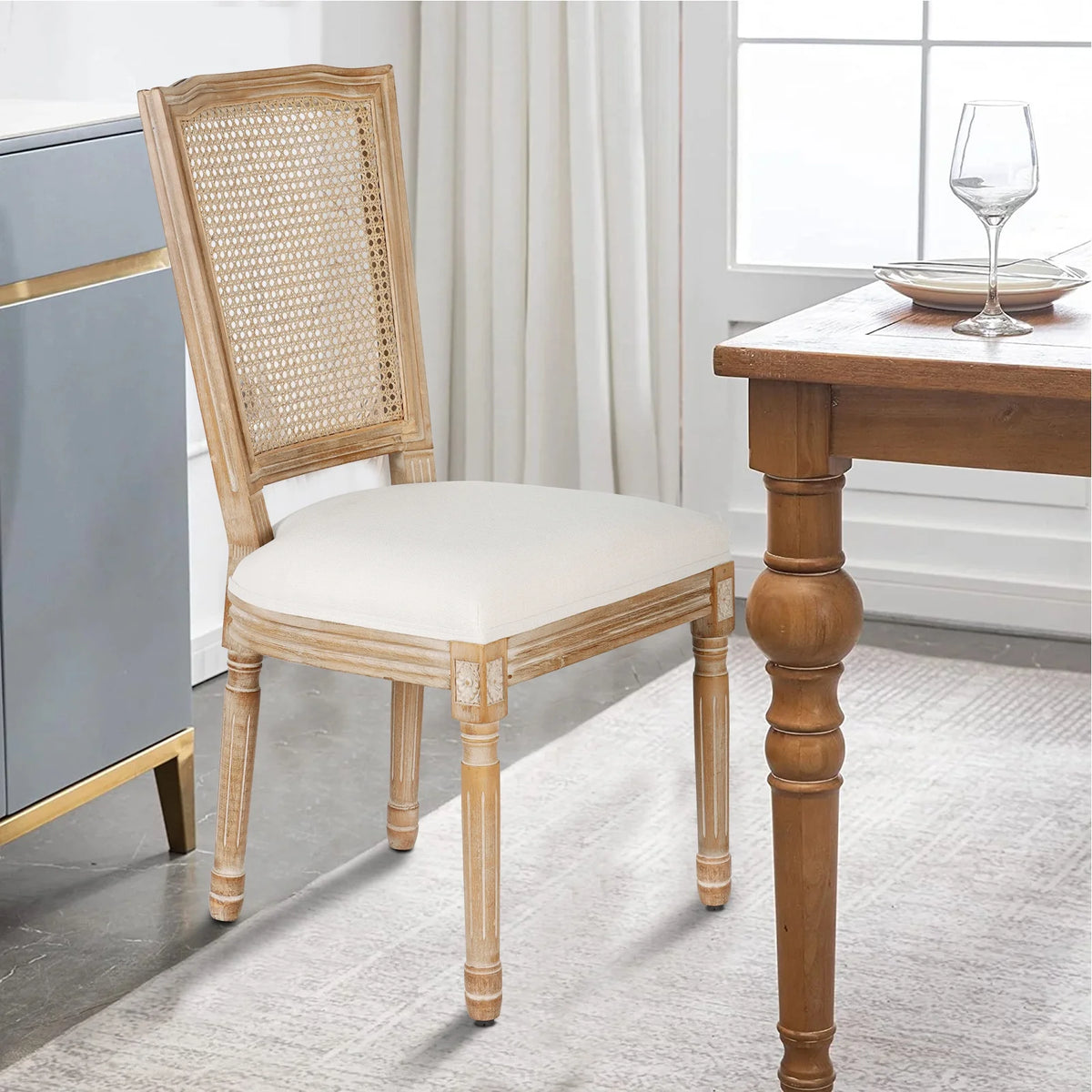 French Dining Chairs Set of 2 Beige Natural Fabric Round Back with Solid Wood Legs and Frame for Bedroom Dining Room Kitchen