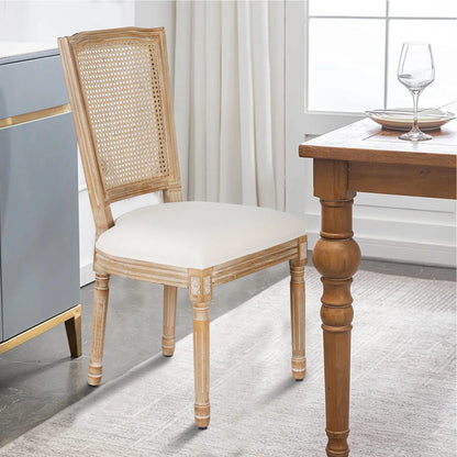 French Dining Chairs Set of 2 Beige Natural Fabric Round Back with Solid Wood Legs and Frame for Bedroom Dining Room Kitchen
