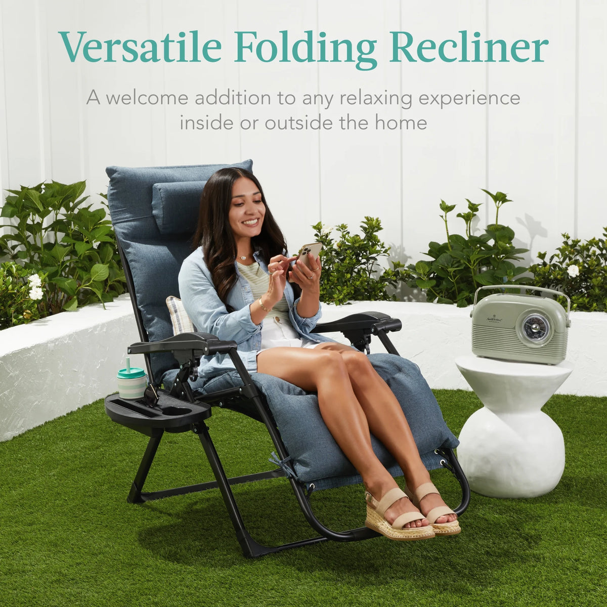 Best Choice Products Oversized Zero Gravity Chair, Folding Recliner w/ Removable Cushion, Side Tray - Fossil Gray