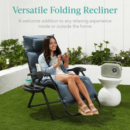 Best Choice Products Oversized Zero Gravity Chair, Folding Recliner w/ Removable Cushion, Side Tray - Fossil Gray