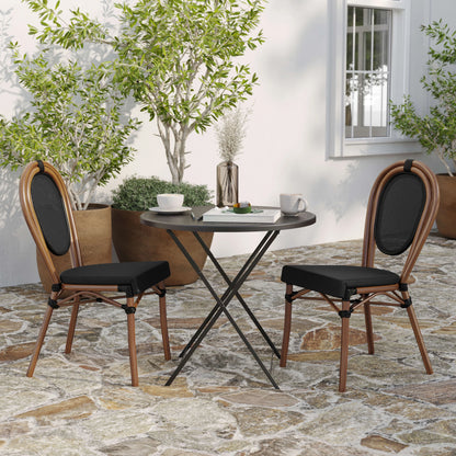 Merrick Lane Stacking Thonet French Bistro Style Chair with Arms, Black & White PE Rattan Seat, and Bamboo Finished Metal Frame for Indoor/Outdoor Use