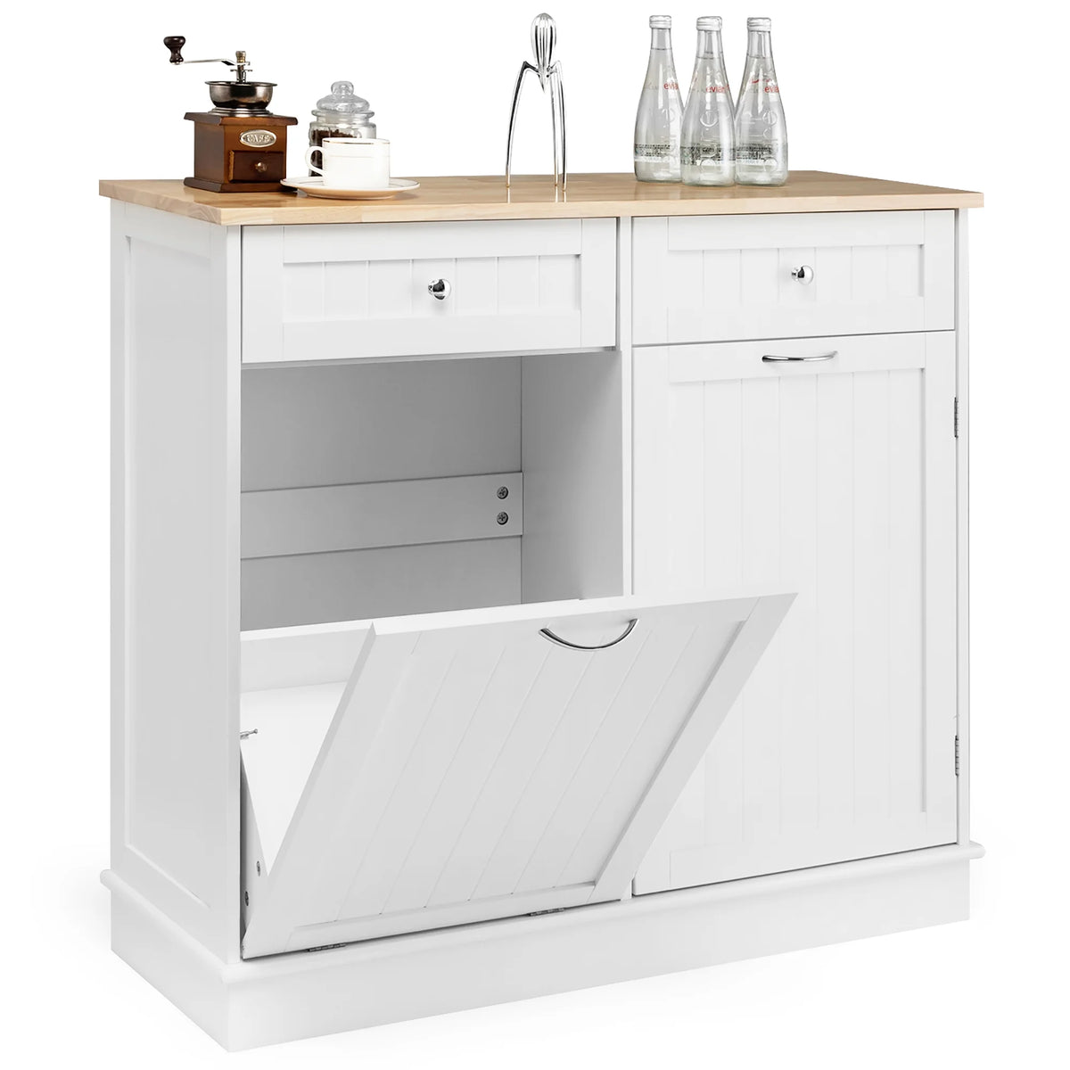 Costway 15.5 Gallon Kitchen Tilt Out Trash Cabinet Rubber Wood Tabletop 2 Drawers Shelf Gray