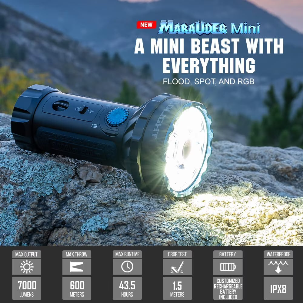 OLIGHT Marauder Mini 7,000 Lumens Bright Flashlight with 600 Meters Beam Distance, Powerful RGB Lights, Magnetic Rechargeable for Outdoors Work, Hunting, and Searching(Black)