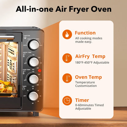 34 QT Super-Large  Air Fryer, Oil-Less Air Fryer Toaster Oven Combo with Pizza, Warm, Broil, Toast, Bake, Air Fry, 5  Functions - Black