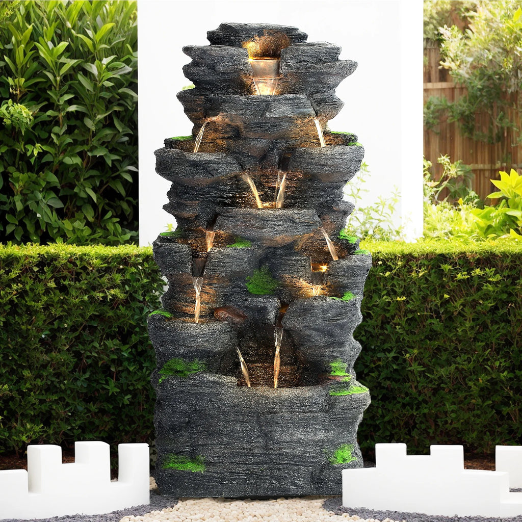 Haverchair 7 Tier Cascading Rock Outdoor Water Fountain, Garden Freestanding Rockery Natural Waterfall Fountains Outdoor with LED Light, Soothing Tranquility Fountains for Home Garden Yard, 24"H
