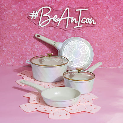 Paris Hilton 10-Piece Ceramic Nonstick Cast Aluminum Cookware Set, Clean Ceramic? Coating, Faceted Pink Design