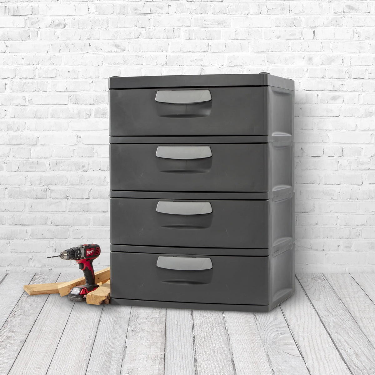 Sterilite 4 Drawer Unit, Durable Plastic Storage Solution for Garages and Basements, Dark Gray
