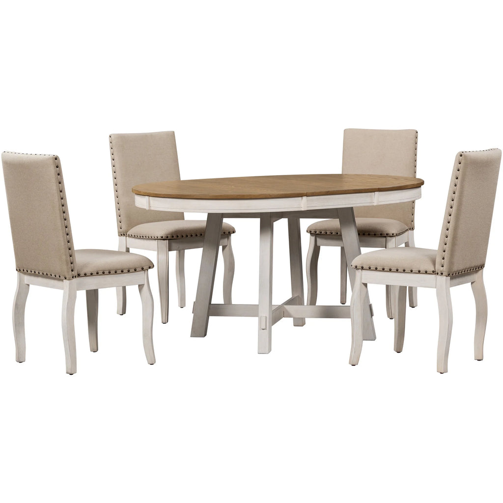 Bellemave 5-Piece Round Dining Table Set, Wood Farmhouse Extendable Dining Table and 4 Upholstered Dining Chairs, Kitchen Dining Table Set for 4 ��Antique White��