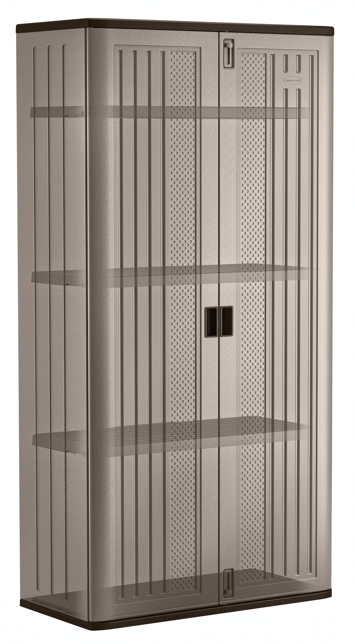 Suncast Mega Tall Resin Outdoor Storage Cabinet with 3 Shelves, Platinum Metallic