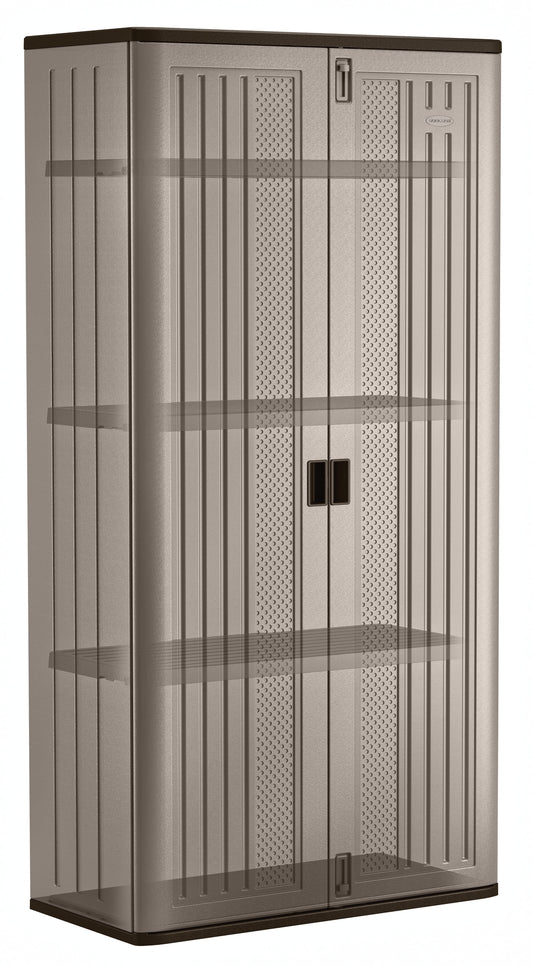 Suncast Mega Tall Resin Outdoor Storage Cabinet with 3 Shelves, Platinum Metallic