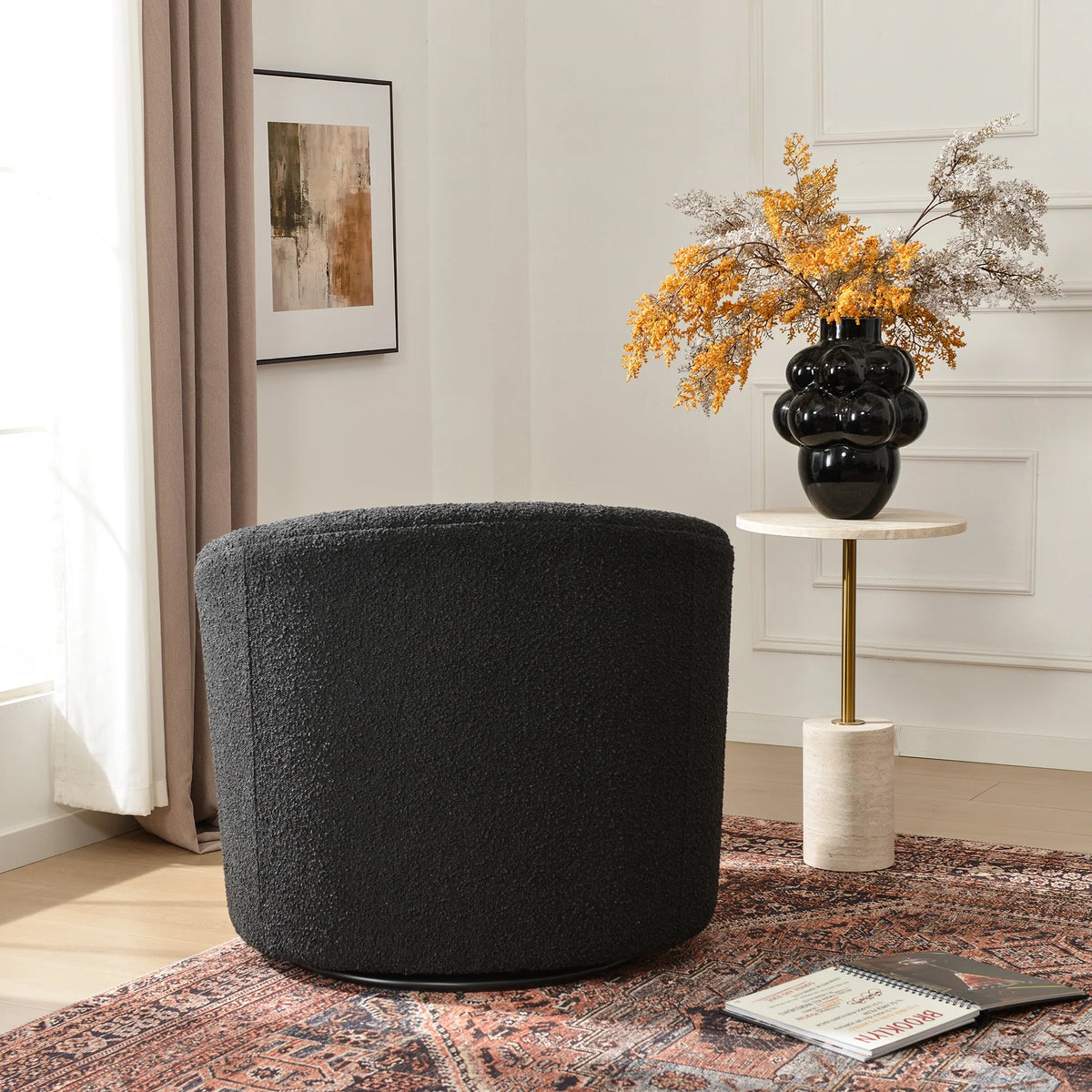 34" W Mid Century Modern Swivel Barrel Chair, Round Upholstered Boucle Swivel Accent Chairs, No Assembly Sofa Chair for Living Room Bedroom Reading Apartment Lounge Nursery(Cream)