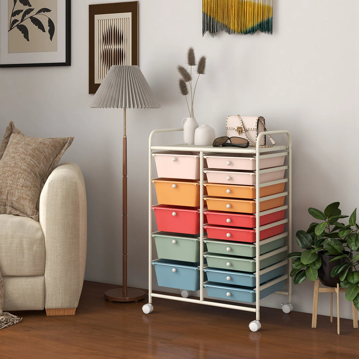 Costway 15 Drawer Rolling Storage Cart Tools Scrapbook Paper Office School Organizer White