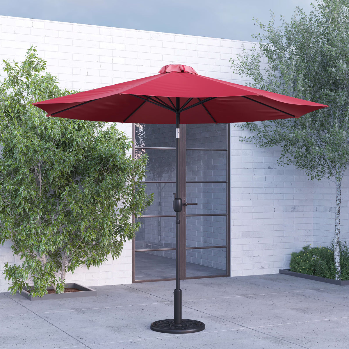 Merrick Lane Patio Umbrella with Base - 9' Tan Polyester Patio Umbrella - 30+ UV Protection - Waterproof Black Cement Base with 1.5" Diameter Aluminum Pole