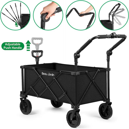 BEAU JARDIN Collapsible Folding Wagon Utility Beach Wagon Cart Foldable Heavy Duty All Terrain Camping Grocery Push Wagon for Sports Garden Shopping Black