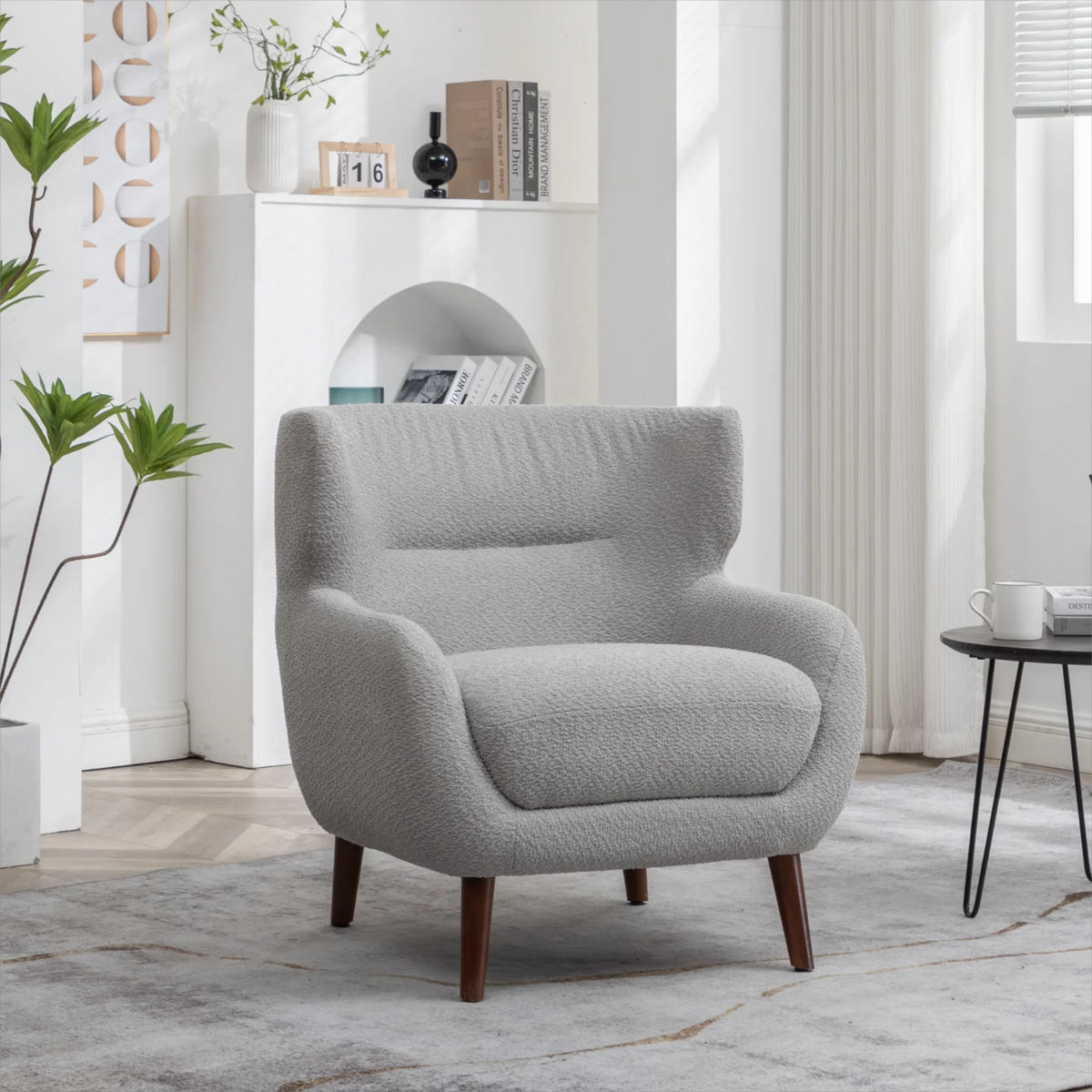 ALEAVIC White Accent Chair Upholstered Armchair with Solid Wood Legs