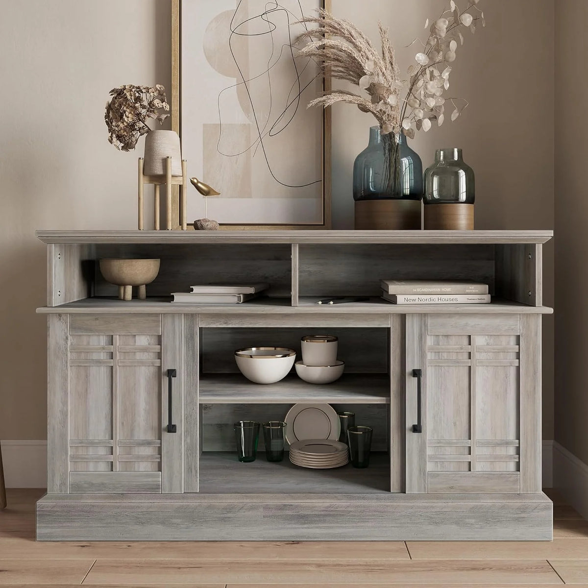 Modern 48" Farmhouse Wood TV Stand & Media Entertainment Center Console Table for TVs up to 50 Inch with Open Storage Shelves & Cabinets - Norrell (Espresso)