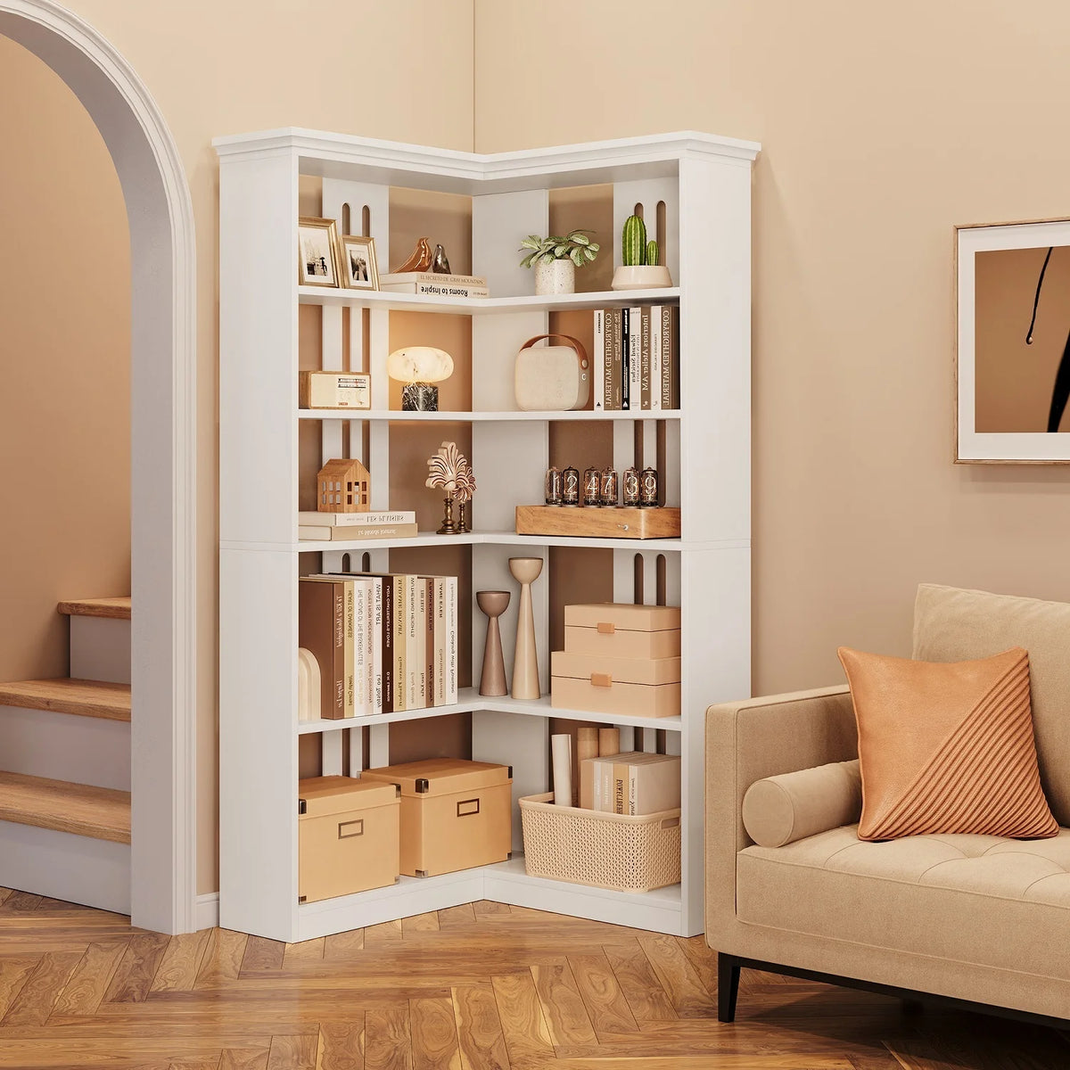 EuKer 5 Tier Corner Bookcase, L-Shaped Bookshelf with Large Storage Capacity for Living Room, Bedroom, Office (Half Panel, Retro Brown)
