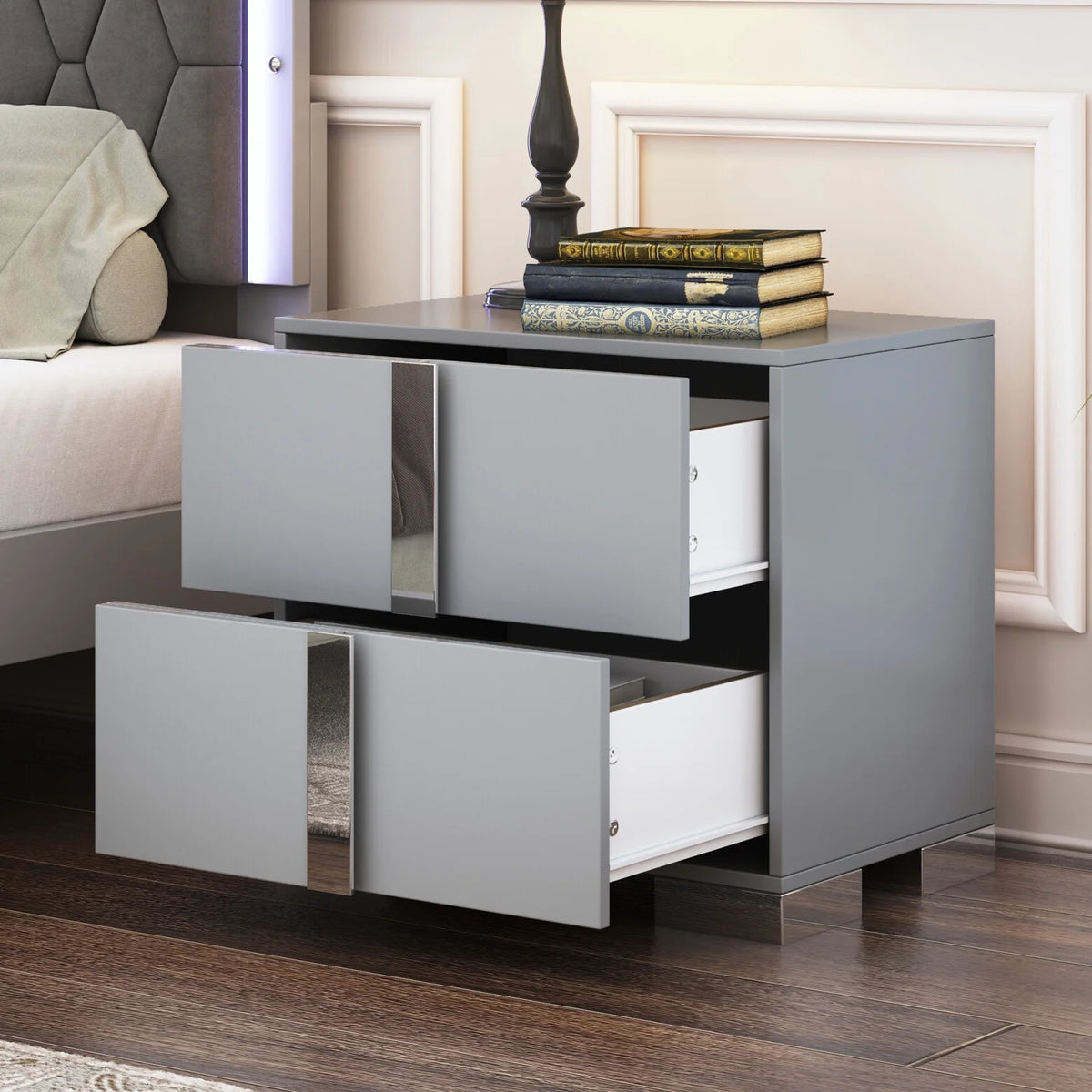 Elegant Nightstand with Metal Handle, Mirrored Bedside Table with 2 Drawers for Bedroom, Living Room, End Sofa Side Table for Living Room, Office, White